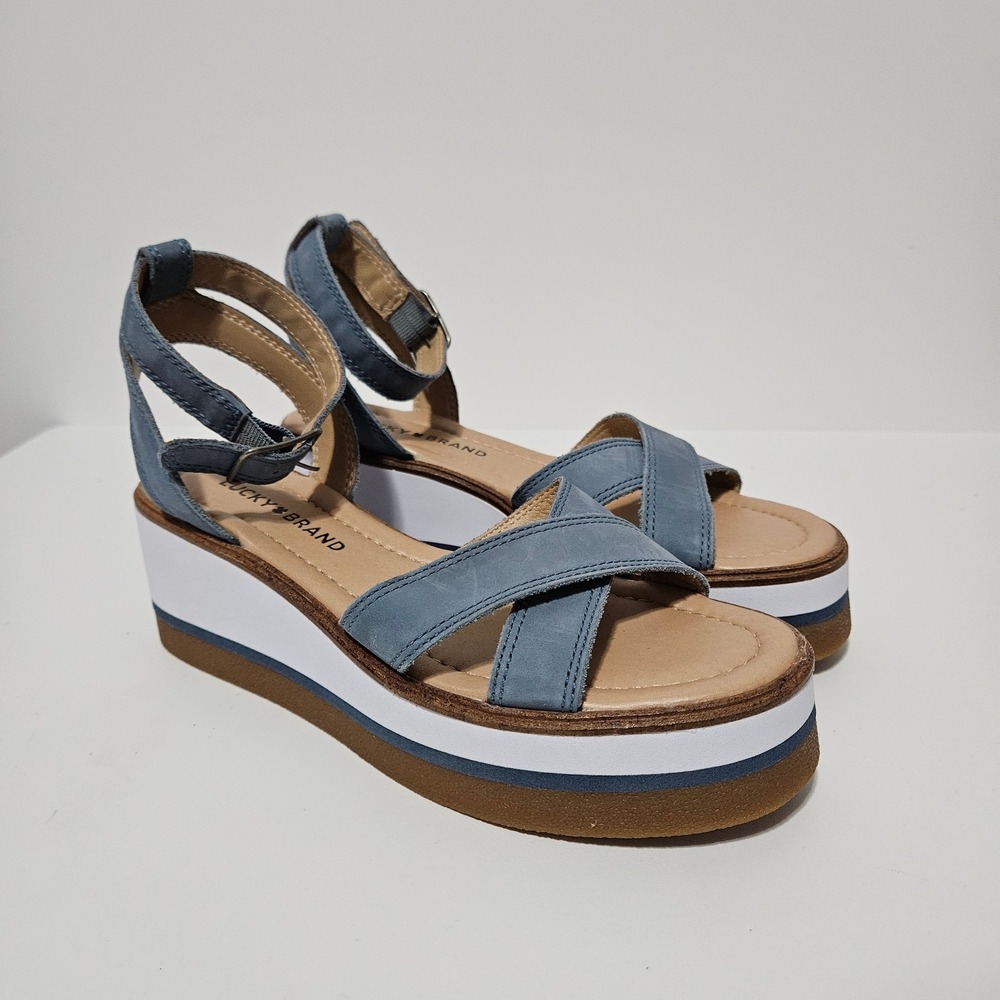 Lucky Brand Platform Wedge Sandals Womens 7.5M 38 Blue Leather Resort Chunky
